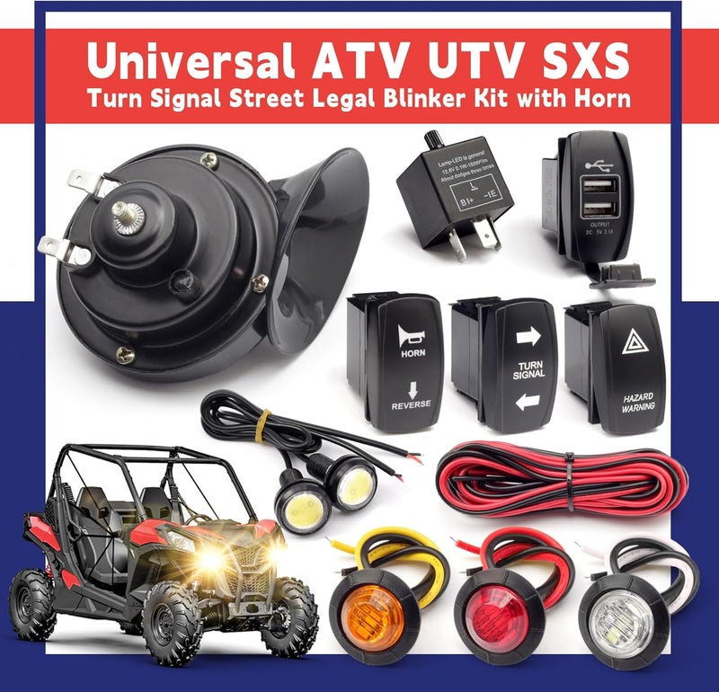 Dusledel Universal ATV UTV SXS Turn Signal Street Legal Blinker Kit with 110DB Horn Reverse Hazard Light Rocker Switch USB Flasher Relay Compatible with Polaris RZR Ranger Xp Turbo Can-Am Kawasaki Golf Cart - Image 2